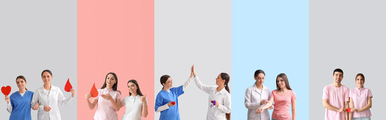 Collage of blood donors and female doctors on color background - obrazy, fototapety, plakaty