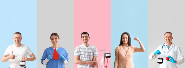 Collage of blood donors and doctors on color background