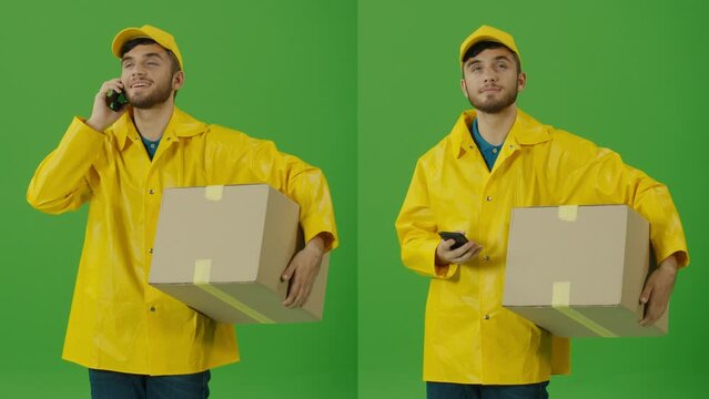 Green Screen Delivery Person Using a Smartphone to Searching for Fast Delivery Addresses. Delivery Person in Uniform and With Cardboard Box Package Using Smartphone to Check Order.