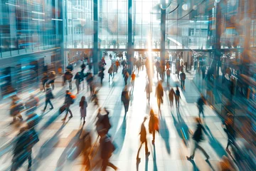 Foto op Plexiglas Dynamic Motion: Long Exposure Shot of Business People Walking in Bright Office Lobby © JovialFox