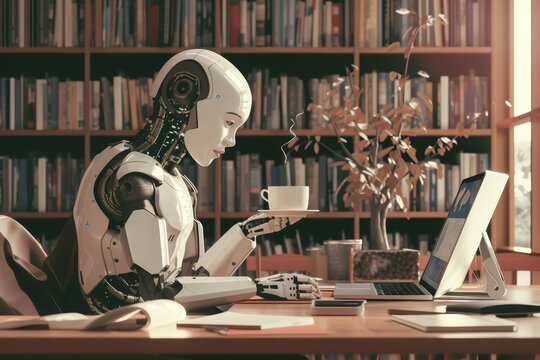 A robot powered by artificial intelligence is seen working on a laptop in the library, taking a coffee break. A sophisticated humanoid AI companion. An intelligent synthetic life form.