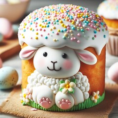 Obraz premium Close-up of a traditional Easter lamb cake decorated with icing and pastel-colored sprinkles Sweet and delightful Perfect for Easter dessert-themed designs 