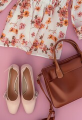 Little girl's shoes and bag with a feminine theme with pink floral motifs, cool clothes for traveling in spring. Great for design inspiration, web, blog, advertising, shop etc. Generative Ai