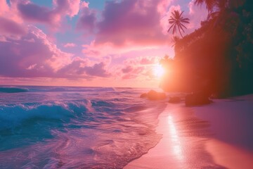 Dreamy pink sunset over calm beach waves. Romantic tropical seascape - obrazy, fototapety, plakaty