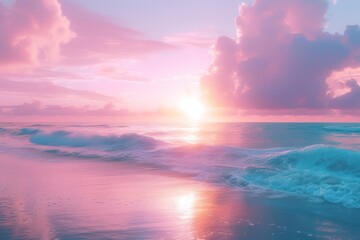 Fototapeta na wymiar Dreamy pink sunset over calm beach waves. Romantic tropical seascape