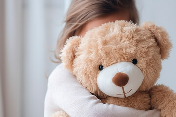 Girl hugging her teddy bear, hiding with a shy and loving smile.