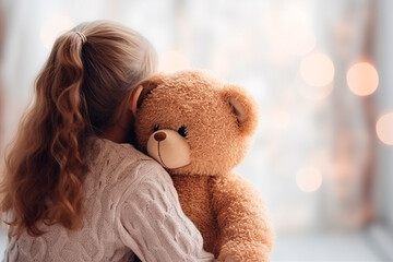Shyness: Girl hiding while hugging a teddy bear, expressing a shy and lovely fondness.