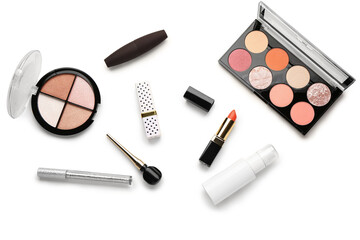 Set of different decorative cosmetics on white background