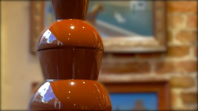 Chocolate fountain in the shop window of the chocolate shop in Bruges Belgium