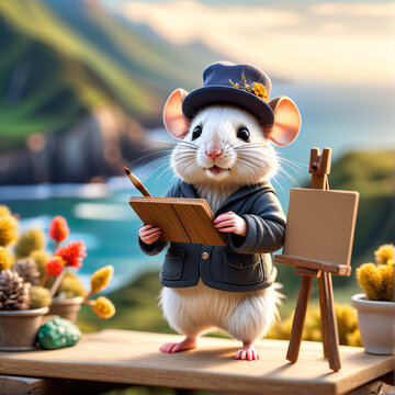 Nature's Artist: The Painting Mouse" captures the enchanting sight of a mouse immersed in creativity, using its tiny paws to paint amidst the beauty of the natural world. This whimsical scene celebrat