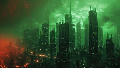 Futuristic green glowing cityscape at night with skyscrapers and reflections
