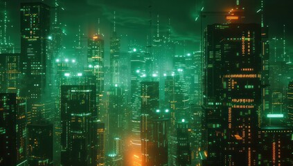 Fototapeta premium Futuristic green glowing cityscape at night with skyscrapers and reflections