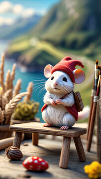 Nature's Artist: The Painting Mouse" captures the enchanting sight of a mouse immersed in creativity, using its tiny paws to paint amidst the beauty of the natural world. This whimsical scene celebrat