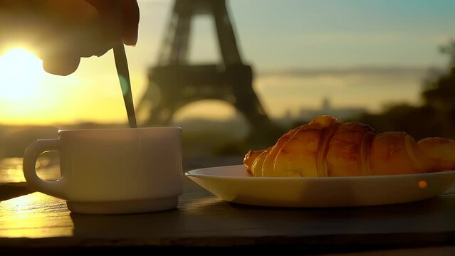 Cup of coffee with a croissant on a sunny morning in the background of the Eiffel Tower