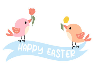 Two cute birds holding tulips and ribbon Happy Easter. Handdrawn vector design.