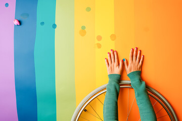 arms next to a wheelchair wheel floor painted with colors like blue, red, green and yellow, July, disability pride month