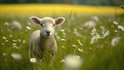 Fototapeta premium A charming fluffy lamb is grazing on a spring meadow with daisies