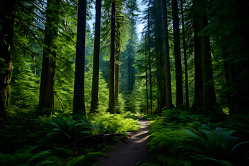 A Scenic Portrayal of Majestic Evergreen Forest Immersed in Natural Wilderness
