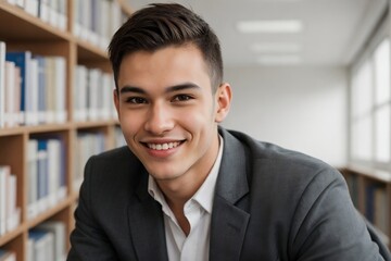 Handsome male student sitting in the college library smiling and looking at the camera with copy space.