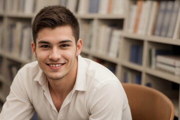 Fototapeta premium Handsome male student sitting in the college library smiling and looking at the camera with copy space.