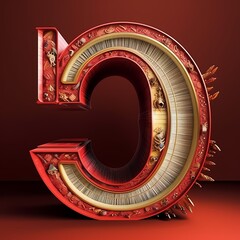 Ornate 3D Rendered Number Six with Golden Embellishments on Maroon Background
