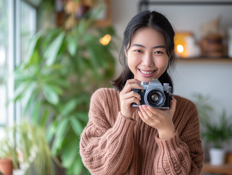 An Asian woman, full of joy, passionately pursues photography, confidently posing with her camera indoors. Her beaming smile embodies the essence of a creative pastime.