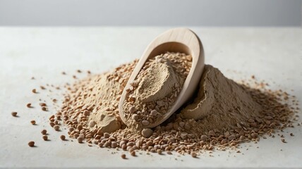 Pile of buckwheat flour on plain white background from Generative AI - obrazy, fototapety, plakaty