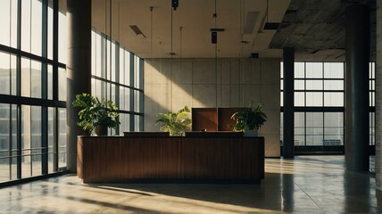 Reception area of an old office building with sunlight on the morning from Generative AI