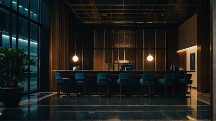Reception area of an old office building at night from Generative AI