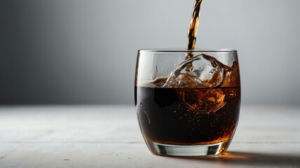 A glass with black soda cola drink liquid on plain white background from Generative AI