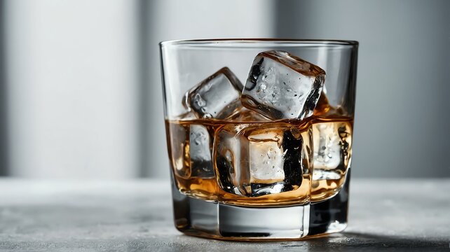 A glass with alcoholic beverage and ice cubes on plain white background from Generative AI