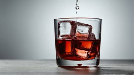 A glass with red alcoholic beverage and ice cubes on plain white background from Generative AI