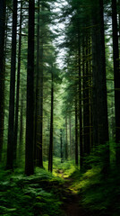 A Scenic Portrayal of Majestic Evergreen Forest Immersed in Natural Wilderness
