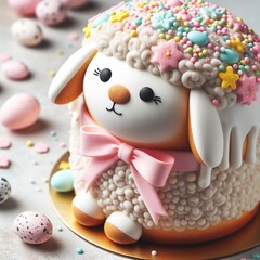 Obraz premium Close-up of a traditional Easter lamb cake decorated with icing and pastel-colored sprinkles Sweet and delightful Perfect for Easter dessert-themed designs 