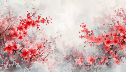 Red cherry blossoms watercolor illustration. Gentle spring flower branches on a soft pastel background
