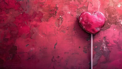 Red lollipop in the shape of a heart on a glossy textured surface for Valentine's Day