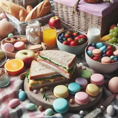 Fototapete Rund Close-up of a rustic Easter picnic spread on a checkered blanket, featuring homemade sandwiches, fresh fruits, and pastel-colored macarons Cozy and inviting Perfect for Easter picnic-themed designs  © Franco di Giacomo