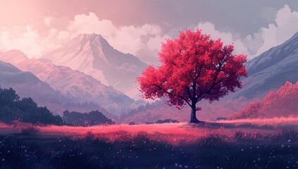 Obraz na płótnie Canvas A majestic mahogany tree against the background of a calm mountain