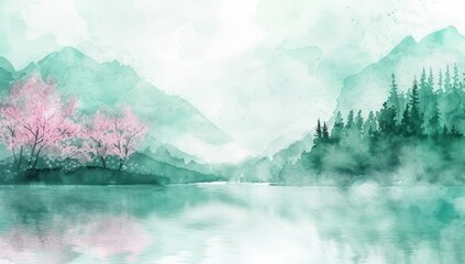 Tranquil reflection of a watercolor forest in a misty green landscape