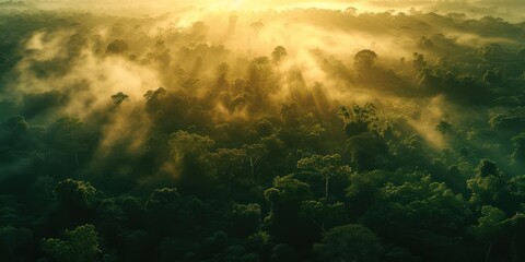 Fototapeta na wymiar Mystical rays of the sun penetrate the green misty forest at dawn