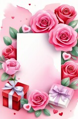 Valentine's day card, flowers, chocolates, box with bow, hearts, vector watercolor illustration on a white background in pink shades. Watercolor. space for text.