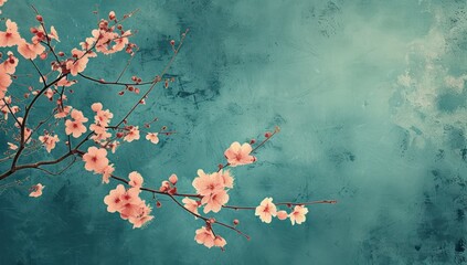 Spring cherry blossoms with bright turquoise watercolor background