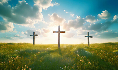 The Cross of Christ in a Green Field on a Sunny Day with White Clouds in the SKy - obrazy, fototapety, plakaty