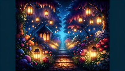 Enchanted Garden at Night Lit by Lanterns - Generative AI