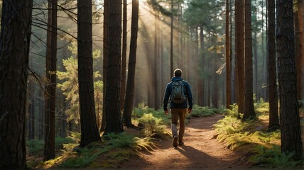 Hiker guy walking on pine forest path on on trail woods background at morning with sunlight rays from Generative AI