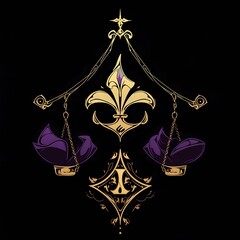 Elegant Golden Scales with Fleur-de-lis Symbol and Purple Accents on Black Background