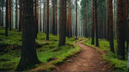 Pine trees forest path on on trail woods background from Generative AI