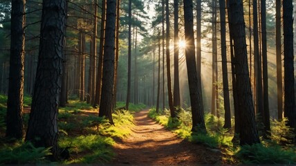 Pine trees forest path on on trail woods background at morning with sunlight rays from Generative AI - obrazy, fototapety, plakaty