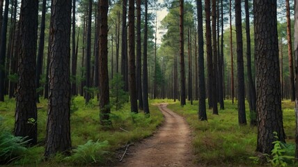 Fototapeta na wymiar Pine trees forest path on on trail woods background from Generative AI