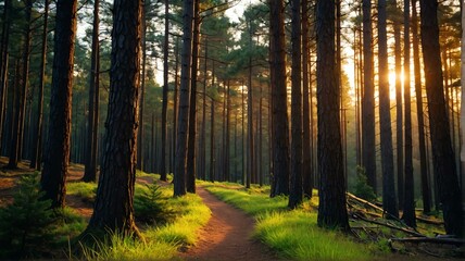 Pine trees forest path on on trail woods background at sunset from Generative AI - obrazy, fototapety, plakaty